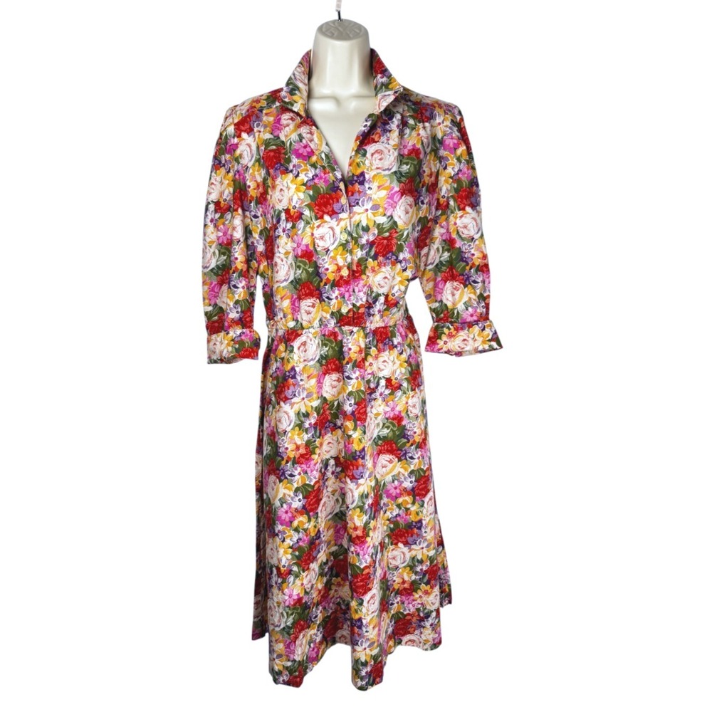 Vtg 80s Stuart Alan Dress Muilticolor Floral Midi‎ Fit Flare Made USA Sz 12 P